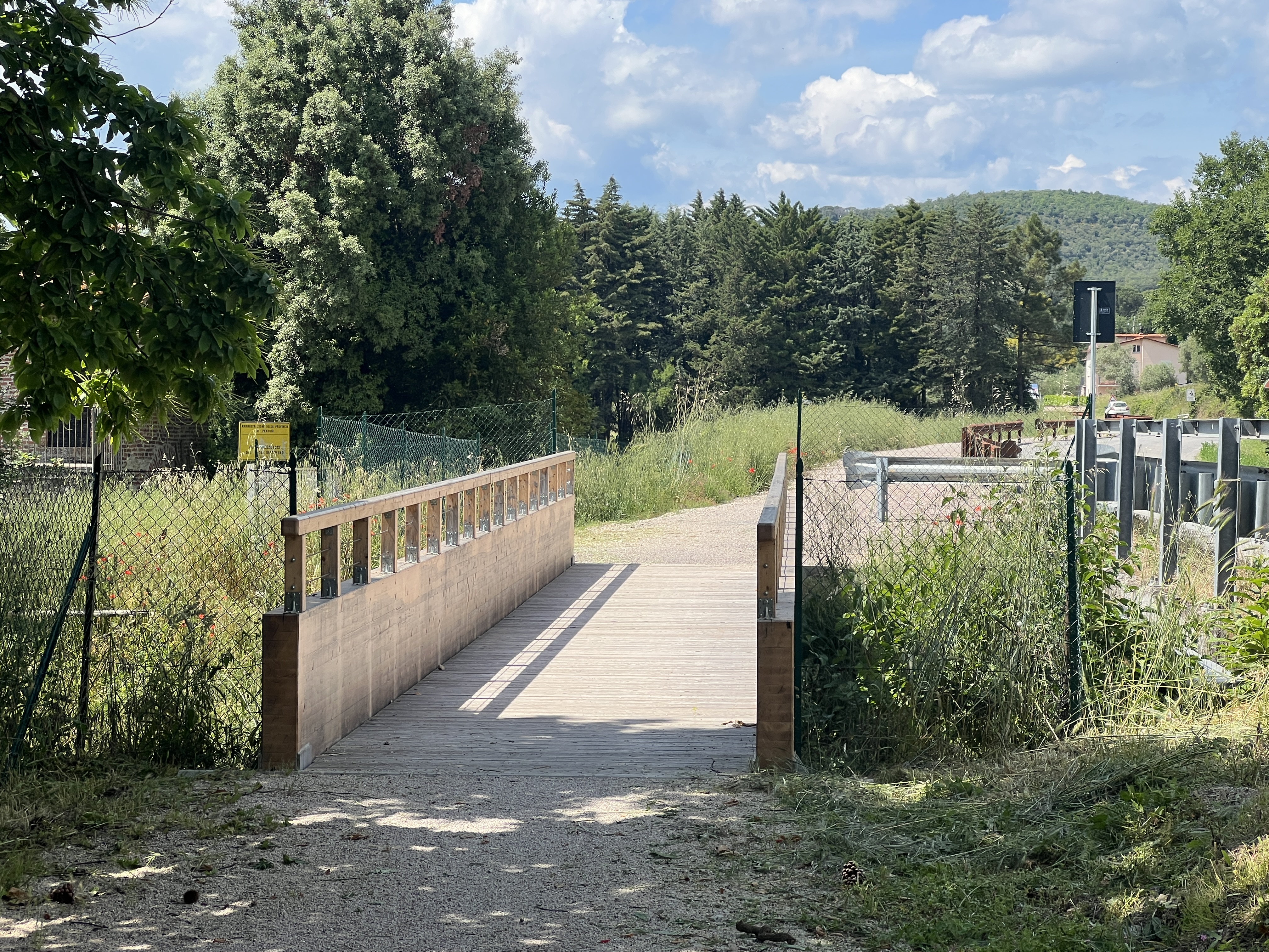 Hölzerne Fahrrad-Fußgängerbrücke mit Holzbänken. Schotterweg mit Metallzaun und üppiger Vegetation.